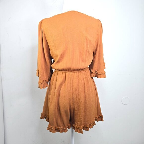 HYFVE Rust Orange Brown Ruffle Bell Sleeve Front Knot Romper - Picture 4 of 9